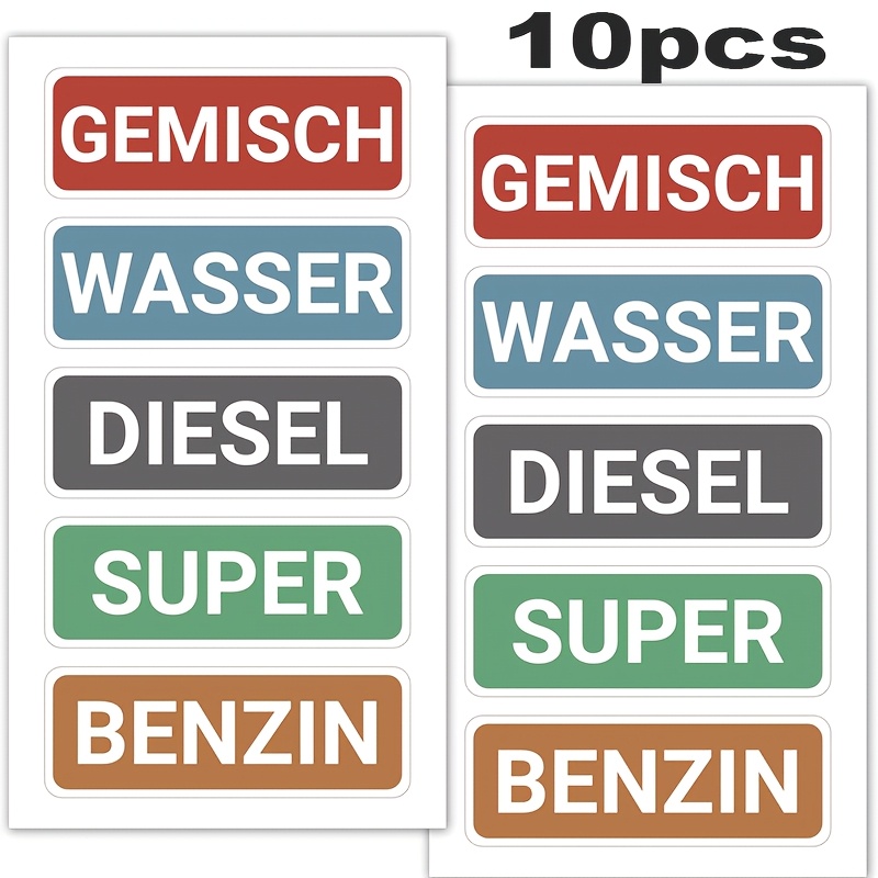 E-shop 10 Stück deutsche Kraftstoff-Identifikationsaufkleber, mit bunten Etiketten für Benzin, Diesel, Mischkraftstoff, Wasser und mehr, die