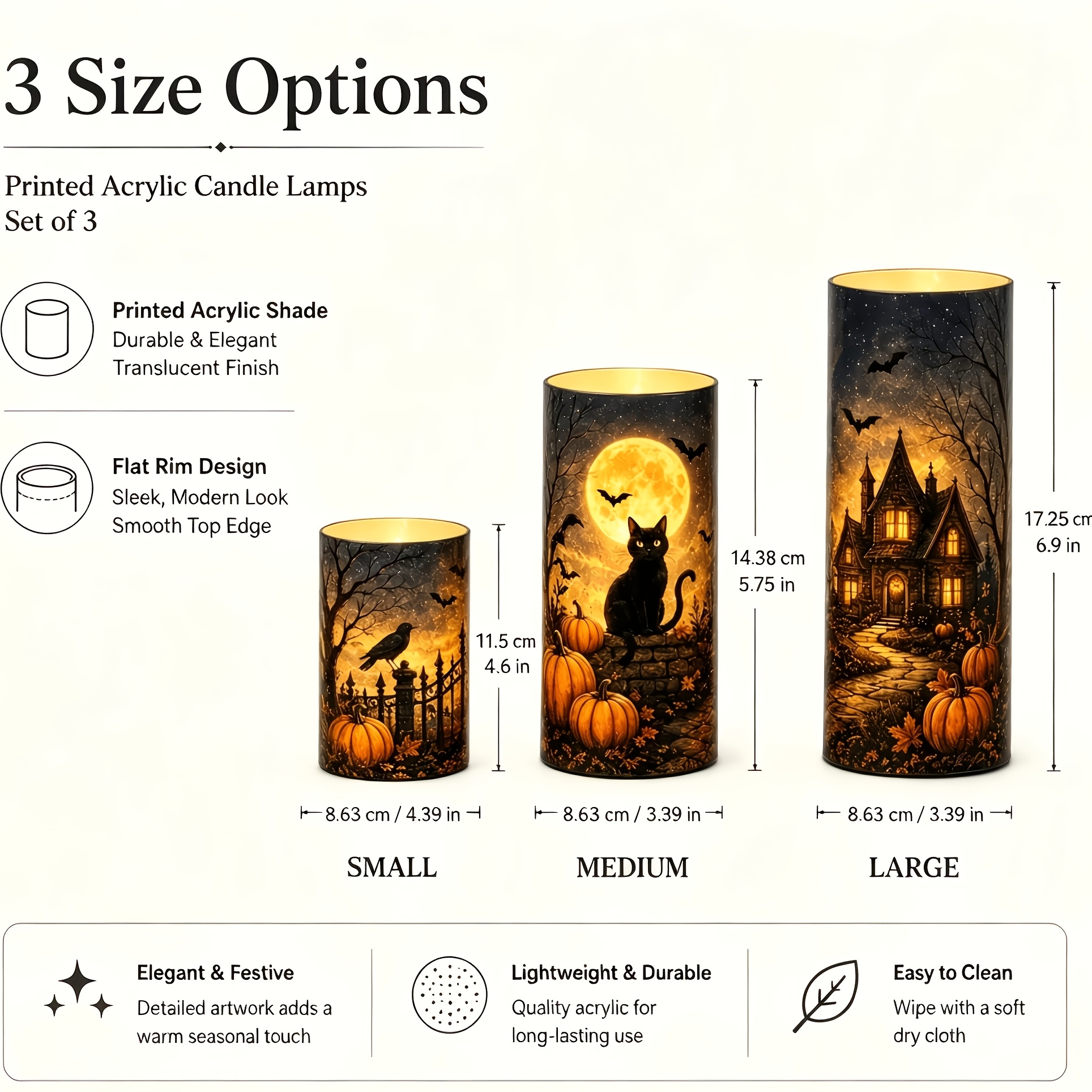 TEMU 3pcs Halloween Black Cat Flameless Candle Lights, Bat Pumpkin Haunted House Print Acrylic Led Pillar Candles, 4/5/6 Inch Battery Operated Warm