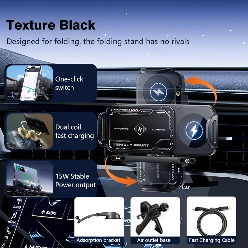 TEMU Car Wireless Charging Smartphone/tablet Holder, 2-in-1 Automatic Rotating Phone Mount, Car Charger Fast Charging Phone Holder, One-button