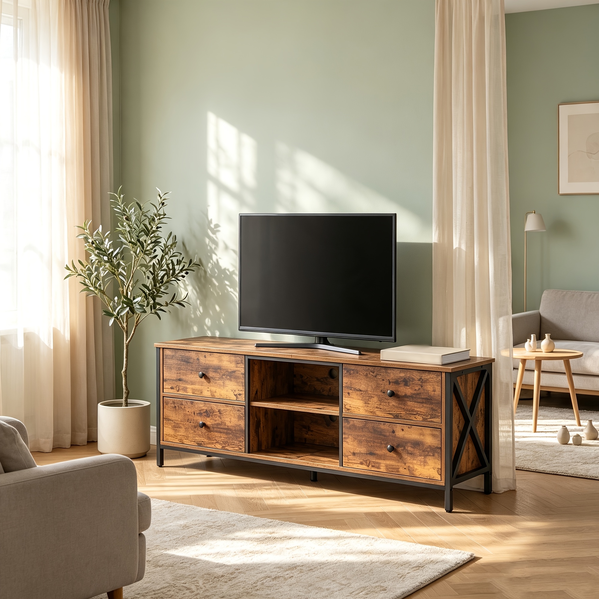 Image of The Cabinet Is Suitable For A 65-inch Tv. The Drawers Are Used To Store Miscellaneous Items; Are 4 Drawers And 2 Open Shelves