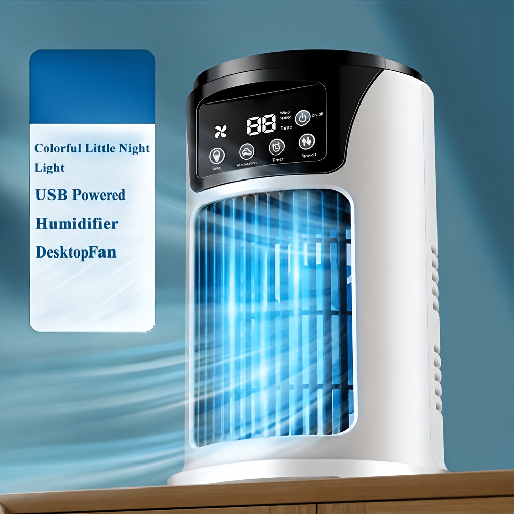 TEMU Portable Bladeless Fan With Night Light - 7-speed, Quiet Desktop Tower Fan For Bedrooms & Rooms, Usb Powered