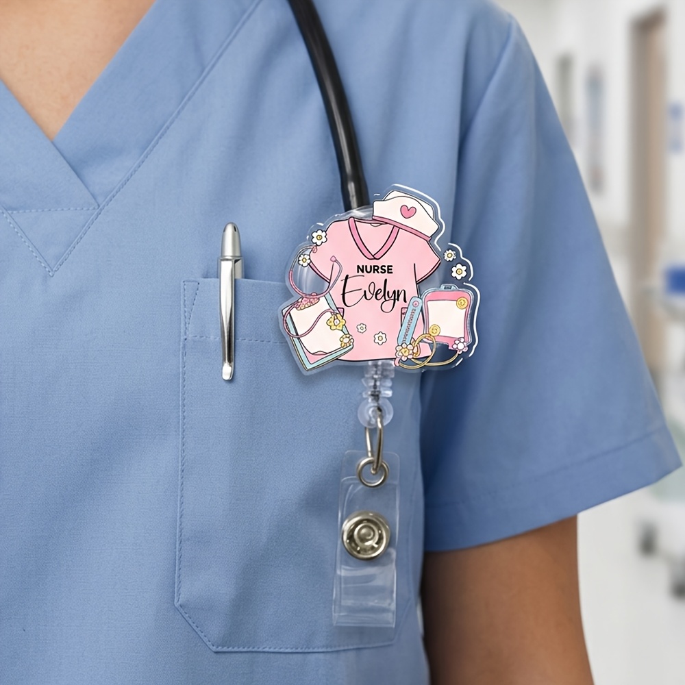 TEMU Personalized Custom Text Nurse Acrylic Badge Reel, Cute Nurse Uniform & Medical Tools Design, Retractable Id Badge Holder, Ideal Nurse Gift For