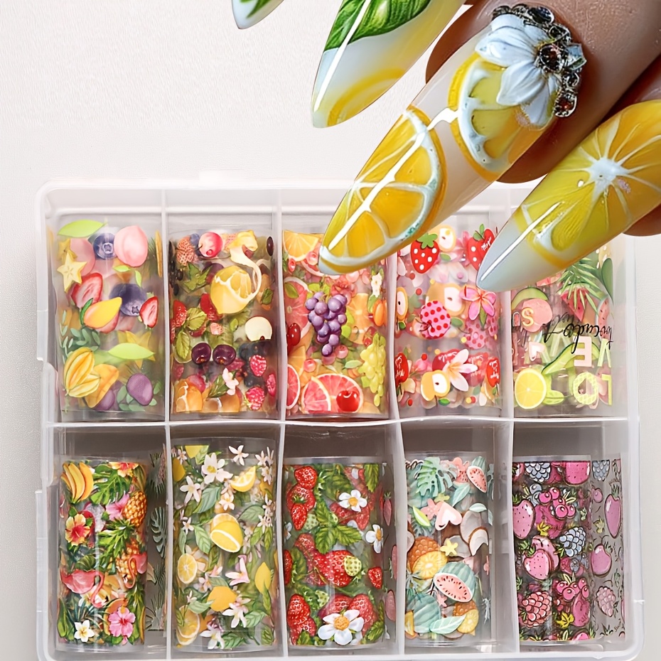 E-shop 10 Rollen/Box Sommer-Thema Fruchtmuster Nagel-Transferaufkleber, holografische Folien-Schiebe-Abziehbilder für Nagelkunst,