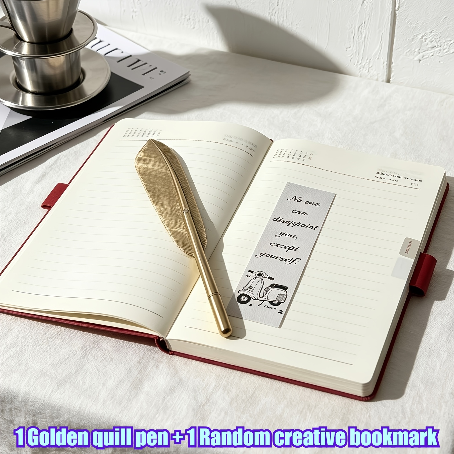 TEMU . Set Gelstift mit goldenem Retro-Feder-Design, neutraler Stift (inklusive 1 Federstift + 1 zufälliges kreatives Lesezeichen), schwarzer