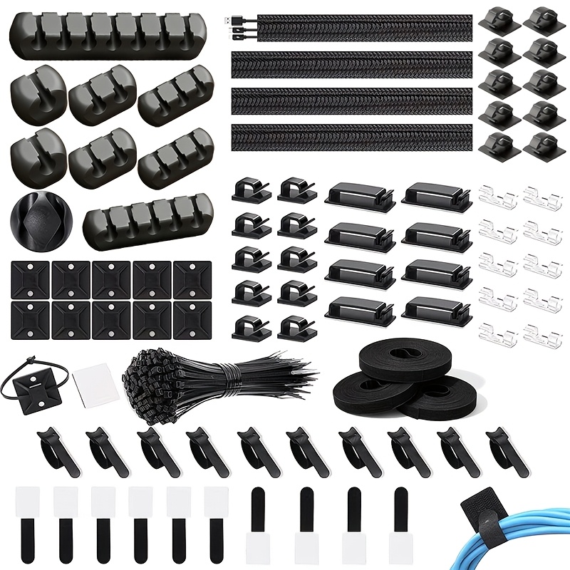 TEMU 184pcs, 174pcs, 125pcs, And 173pcs Cable Management Organizer Kits, Including Cable Protection Mesh Sleeves, Self-adhesive Cable Clip Fasteners,