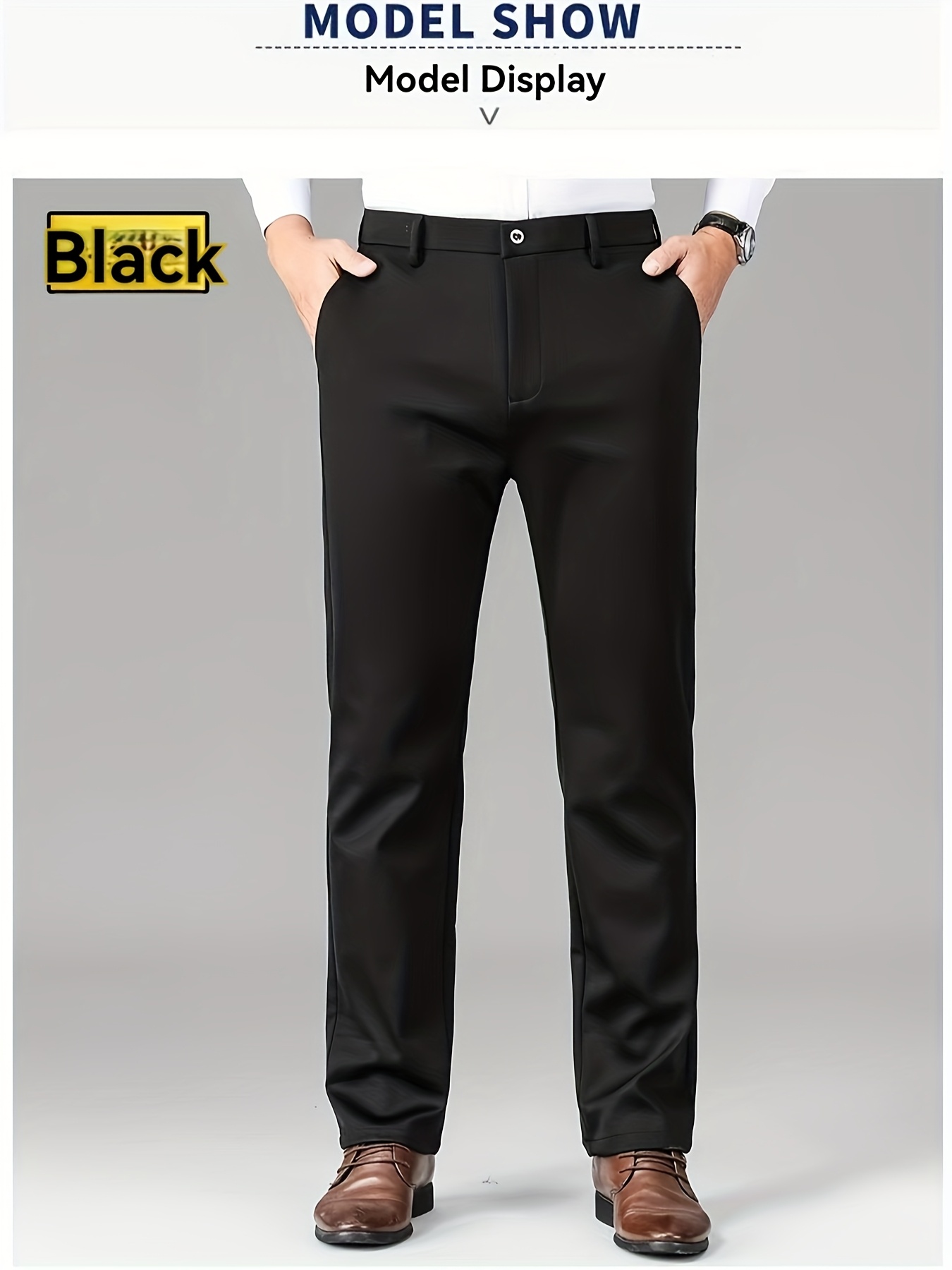 Men's High Elasticity Wrinkle-Resistant Straight-Leg Dress Pants - All-Season Machine Washable Business Casual Trousers with Crown & Dahlia Design, High Waist, Button & Zipper Closure, Professional Wear, Classic Style, Quality Craftsmanship, Stylish Men
