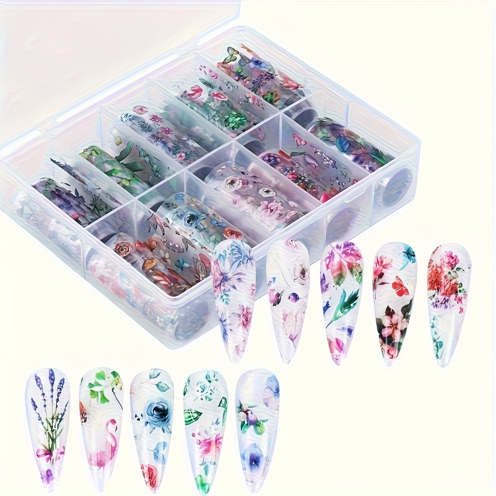 Image of 10 Rolls Of Floral And Grass Starry Sky Transfer Stickers, Plant Design, Flower Nail Stickers, Self-adhesive Stickers, Nail Artists, Enthusiasts