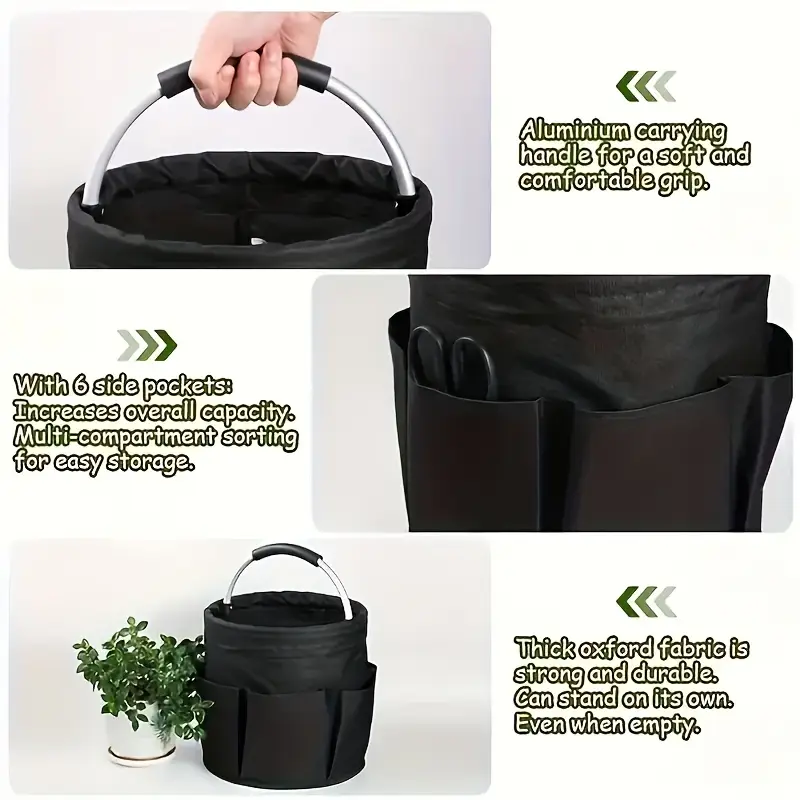 heavy duty high quality oxford fabric multi pocket foldable tool organizer bag portable storage tote for gardening diy with ergonomic handle black navy olive essentials carrier durable construction details 3