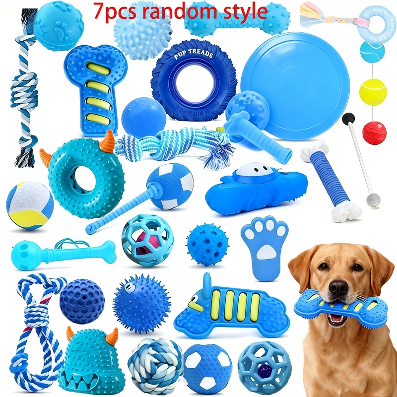 E-shop 7-teiliges Spielzeug-Set der blauen Serie, Haustierspielzeug, kaubeständig, langlebig verschleißfest, Blau ist die Lieblingsfarbe von Hunden,