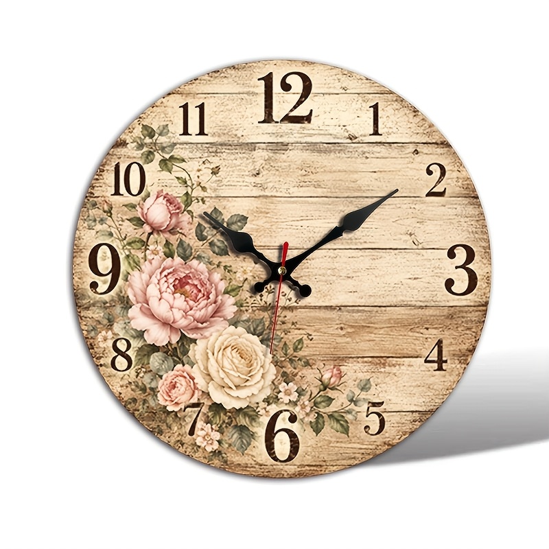 TEMU 1 Round Pink Rose Wall Clock, Vintage Wooden Floral Pattern Clock, Rustic Country Style Silent Quartz Clock, Living Room Bedroom Wall Decor