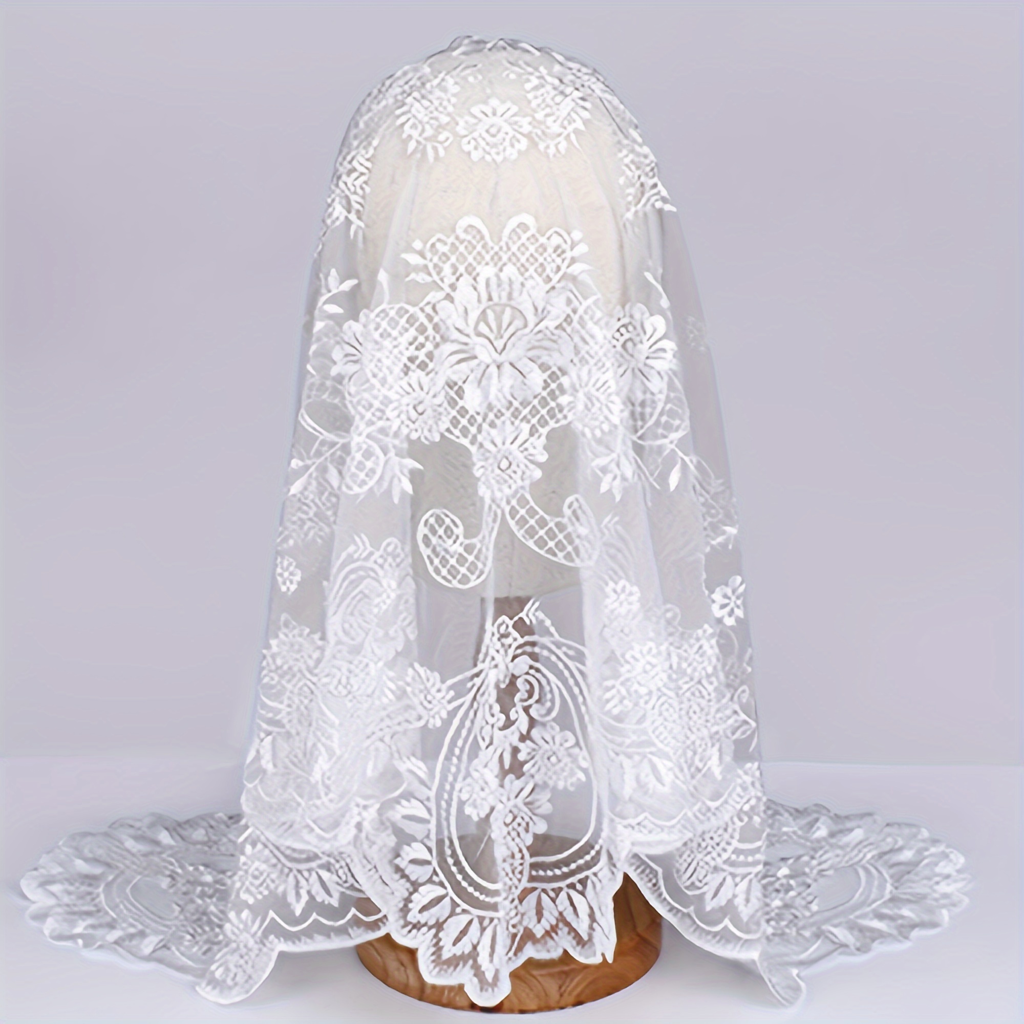 Voile Mantilla Dentelle Florale Latin Mass - Couvre-Chef Chapelle Catholique - Blanc/Noir 130x50 Cm