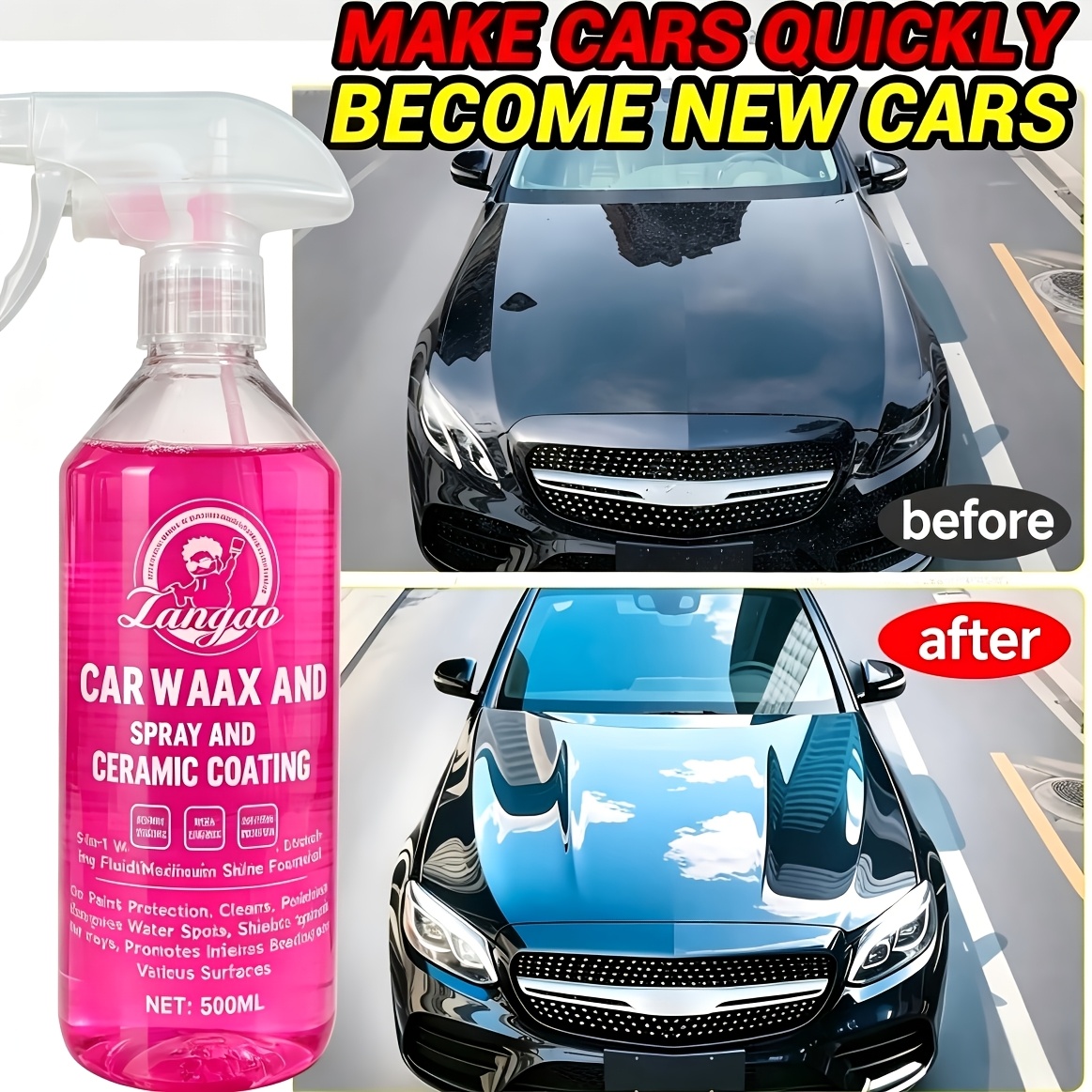 3in 1 Car Wax Spray Ceramic Coating 16fl.oz Waterless Car Wash Detailer High Gloss Shine Hydrophobic Paint Protection