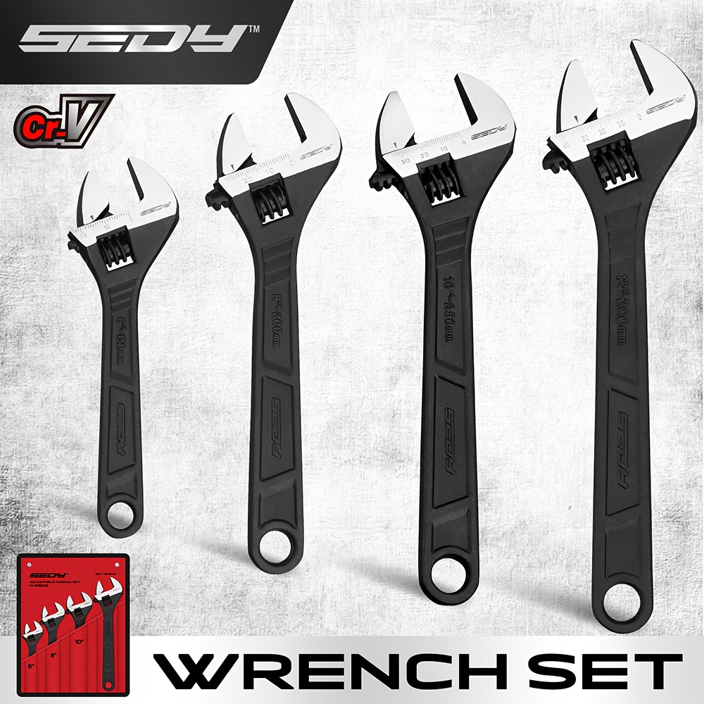 Adjustable Wrench Set Wrenches Sets: 4pcs 6, 8, 10, 12 Inch Chrome Vanadium Steel - Black Oxide Finish For Automotive Plumbing And Household Repairs
