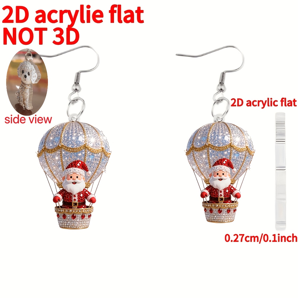 TEMU [2d Flat] 1pc, Christmas, 1 Pair Novelty Earrings, New 2d Acrylic Flat Earrings, Cute Santa Claus With Hot Air Balloon Pattern, Novelty Fashion