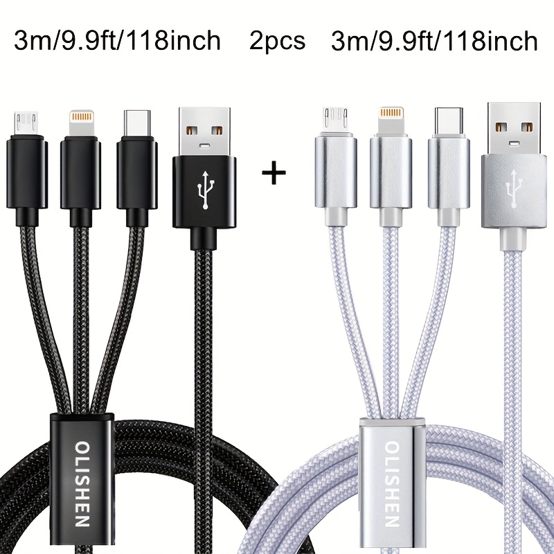 2pcs 3-in-1 Fast Charging Cable, For Iphone, Type-c, Micro Usb Devices, Durable Nylon Braided, For Iphone 17/16/15/14/13/12/11/se/x/8/7/6, For Huawei Oppo Vivo Oneplus And More Smartphone Usb-