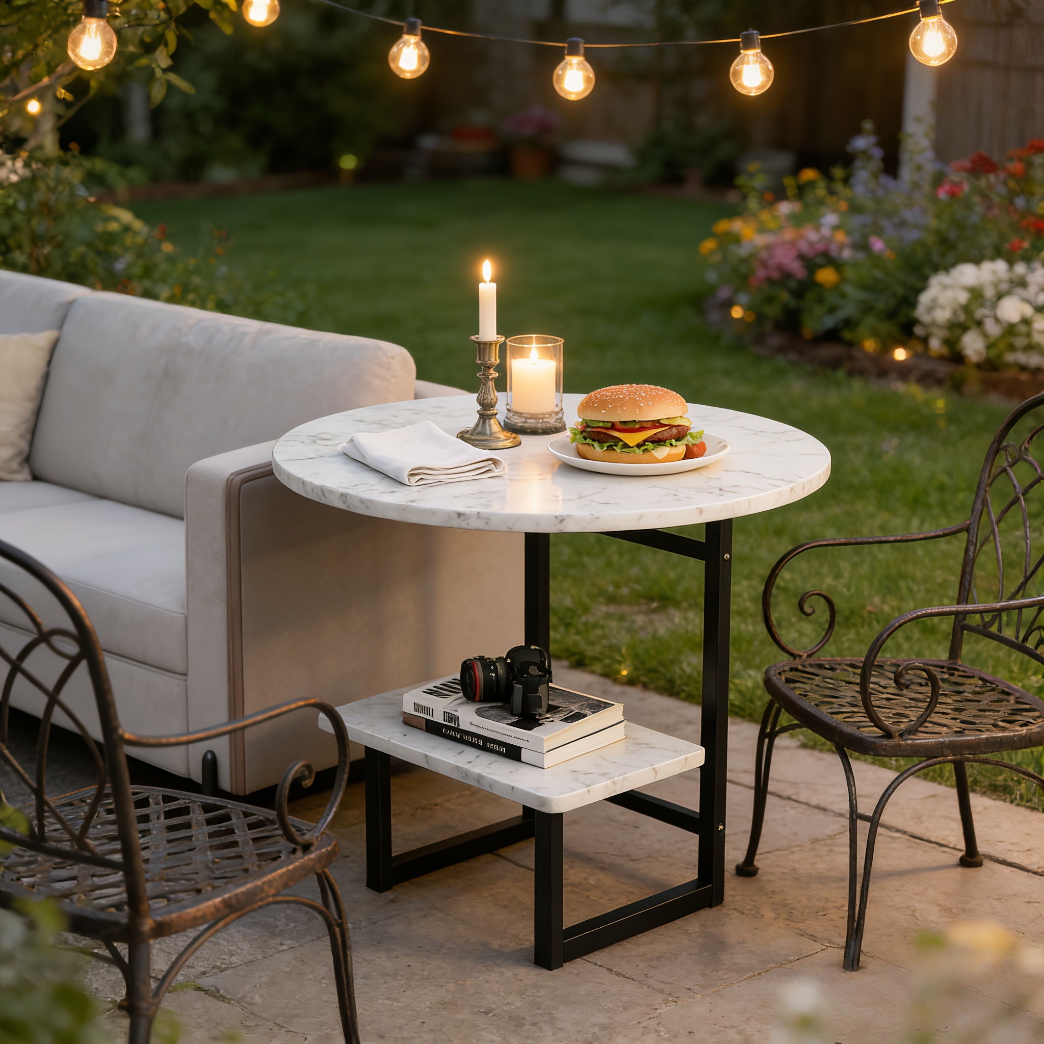 [Outdoor Round Side Table] Outdoor Round Side Table With Double-Layer Storage Shelf, MarbleTexture Imitation Stone Courtyard End Table, Sturdy Black Metal Frame, Weather-Resistant Side Table Is Suitable For Balcony Coffee Corner, Small Space Courtyard/Terrace/Balcony Furnitur