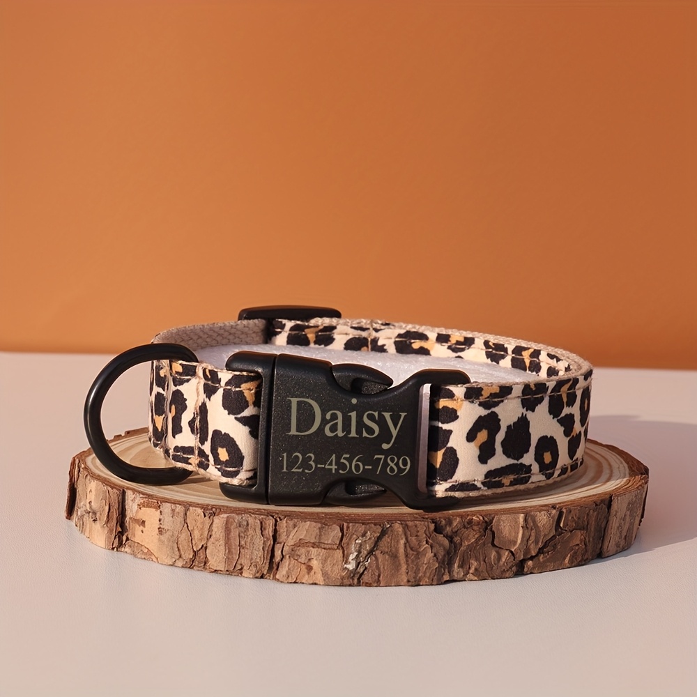 TEMU Adjustable Leopard Print Dog Collar, Breathable Polyester Fabric, Heavy-duty Plastic & D-ring For Leash Attachment - Quick Release | Animal