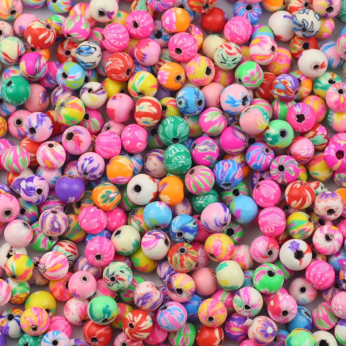 TEMU 100pcs 6/8/10/12mm Printed Polymer Clay Beads, Assorted Colors, Loose Beads With Holes, Multiple Sizes Available, Suitable For Diy Handmade