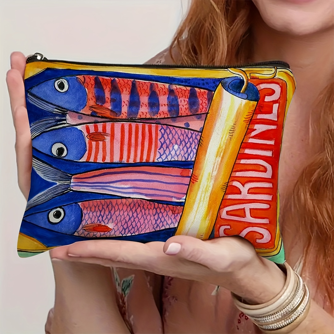 TEMU 1pc, Vintage Sardine Pattern Cosmetic Bag, Cosmetic Storage Bag, Cosmetic Brush Aesthetic Accessory Bag, Portable Toiletries Storage Bag, Travel