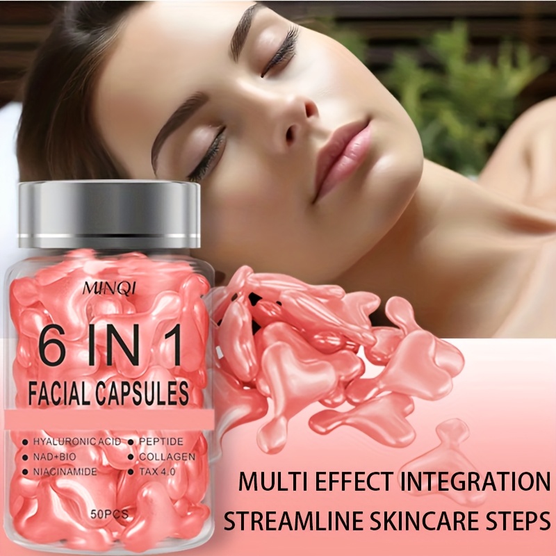 Image of 50pcs 6-in-1 Facial Capsule Moisturizing Firming Capsule , Containing Peptide, Collagen, Niacinamide Acid, Tax4.0, Nad+bio Firming Moisturizing , Alcohol-free, Suitable For Types