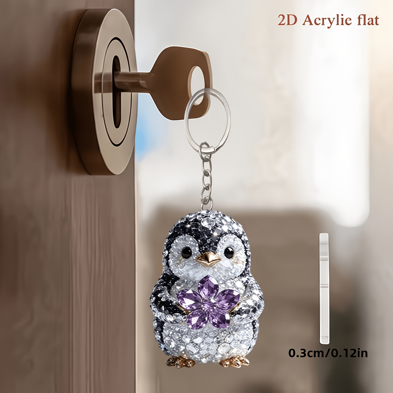 TEMU 2d Flat, 2d Flat Penguin Flower Acrylic Keychain, Ladies' Accessory, Hung On Bags, Additions, Suitable For Car Key Chains And Backpack