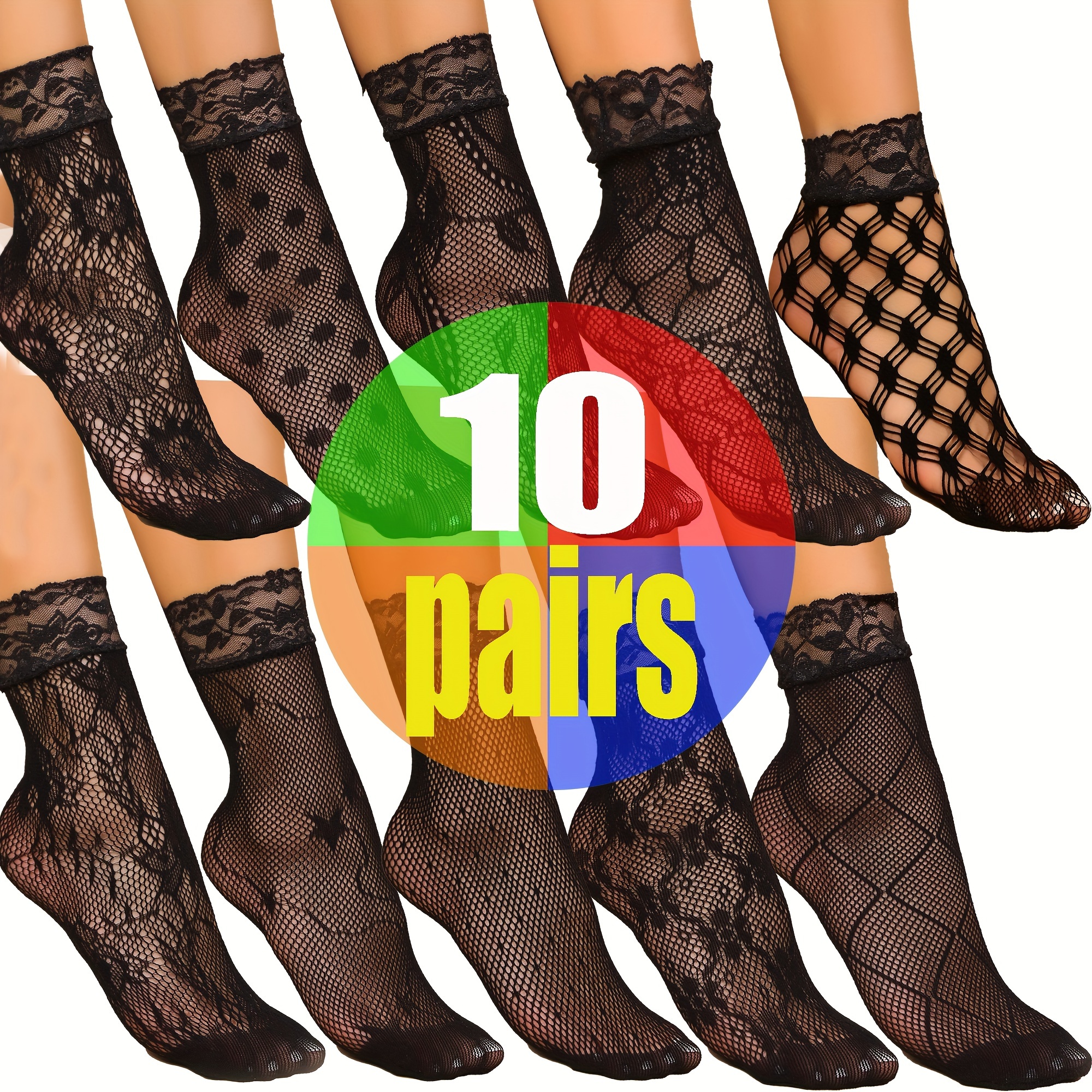 

10 Pairs Floral Lace Socks, Ultra-thin Mesh Short Socks, Women's Stockings & Hosiery