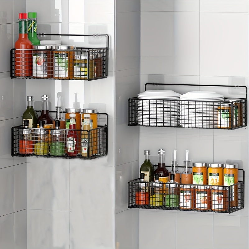 

Large Stainless Steel Kitchen Storage Rack - Wall-mounted, No-drill Seasoning Bottle Organizer With Basket