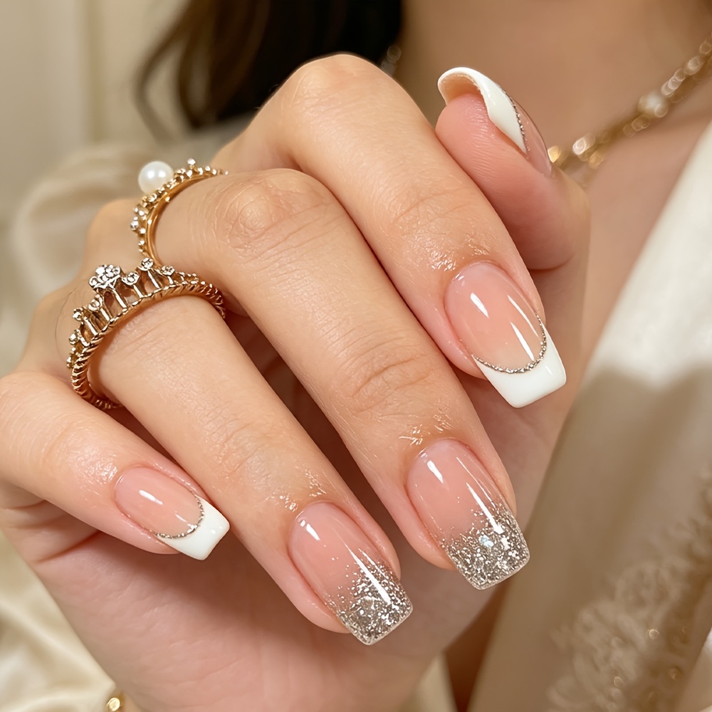 TEMU 24pcs Long Square Press On Nails Glossy Nails Nude French Tips With Silvery Glitter Artificial Reusable False Nails For Women And