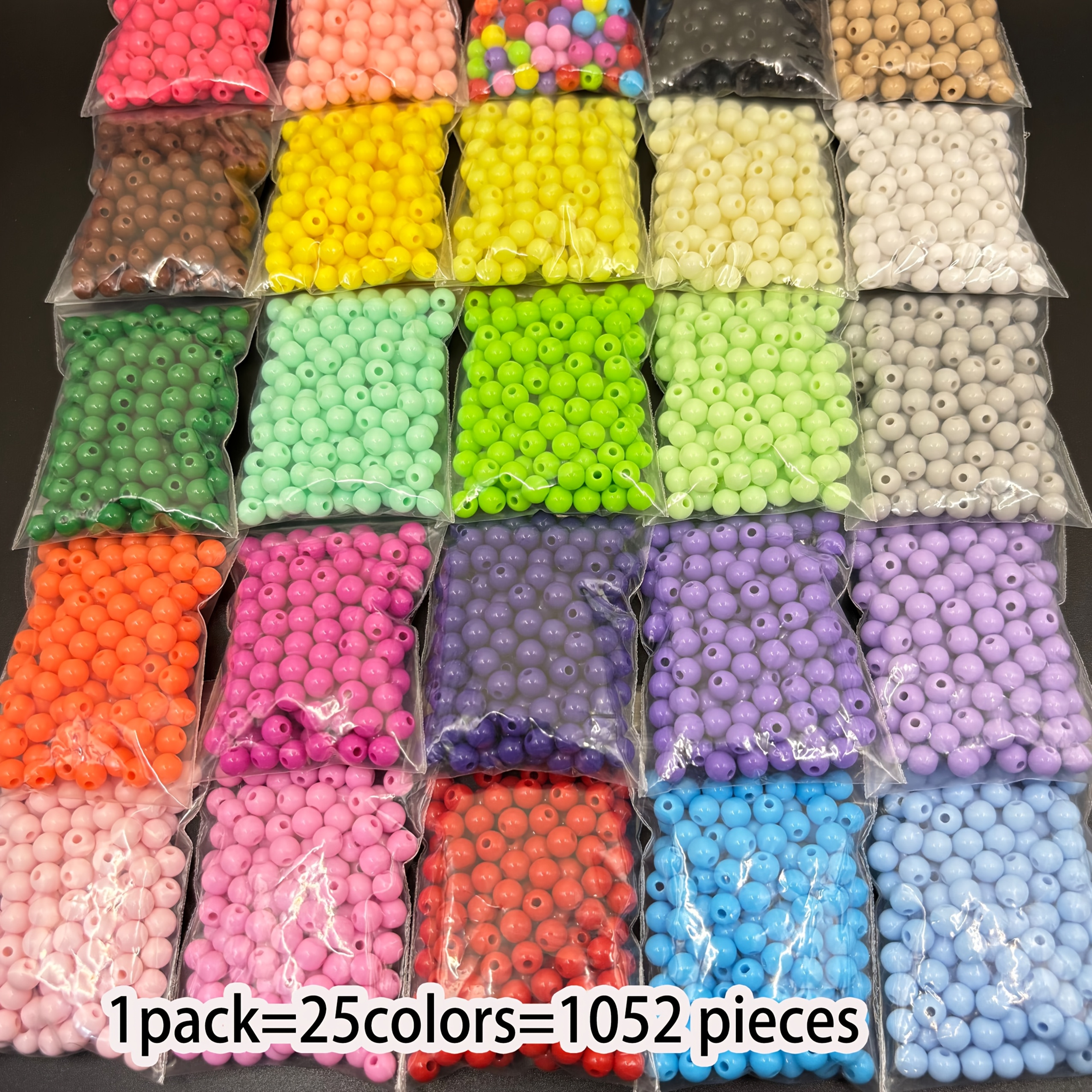 TEMU Set di 1052 perline in acrilico da 6mm, 25 colori, adatte per braccialetti, collane, portachiavi per cellulare, creazione di gioielli fai da te,
