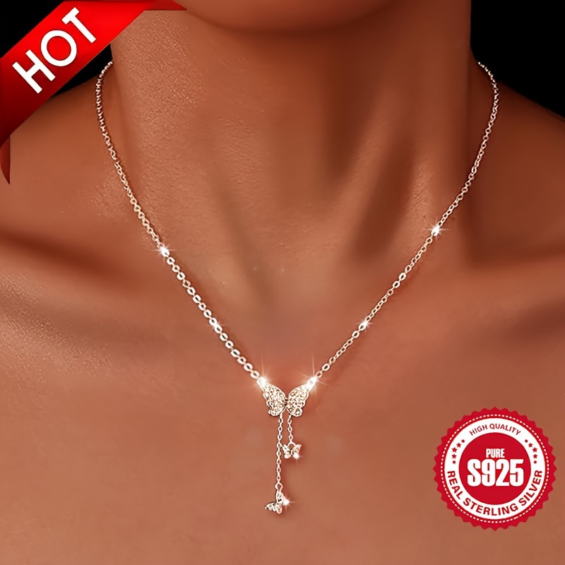 

Elegant Butterfly Pendant Necklace For Women, 925 Sterling Silver, Luxury Zirconia Inlaid Tassel Design, Hypoallergenic, Wear For Daily & Vacation, Ideal Christmas Gift - 3.41g