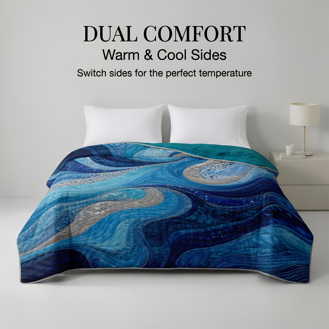 TEMU 1pc Summer Cooling Quilt Blue Wave Quilted Abstract Art -friendly Soft Lightweight Summer Quilt Cool And Conditioner Quilt Blanket Car Office
