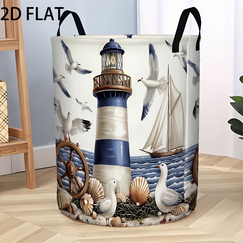 TEMU 1pc Nautical Themed Foldable Storage Basket With Sturdy Handle - Retro Nautical Decor Round Laundry Basket Suitable For Clothes, Seashell