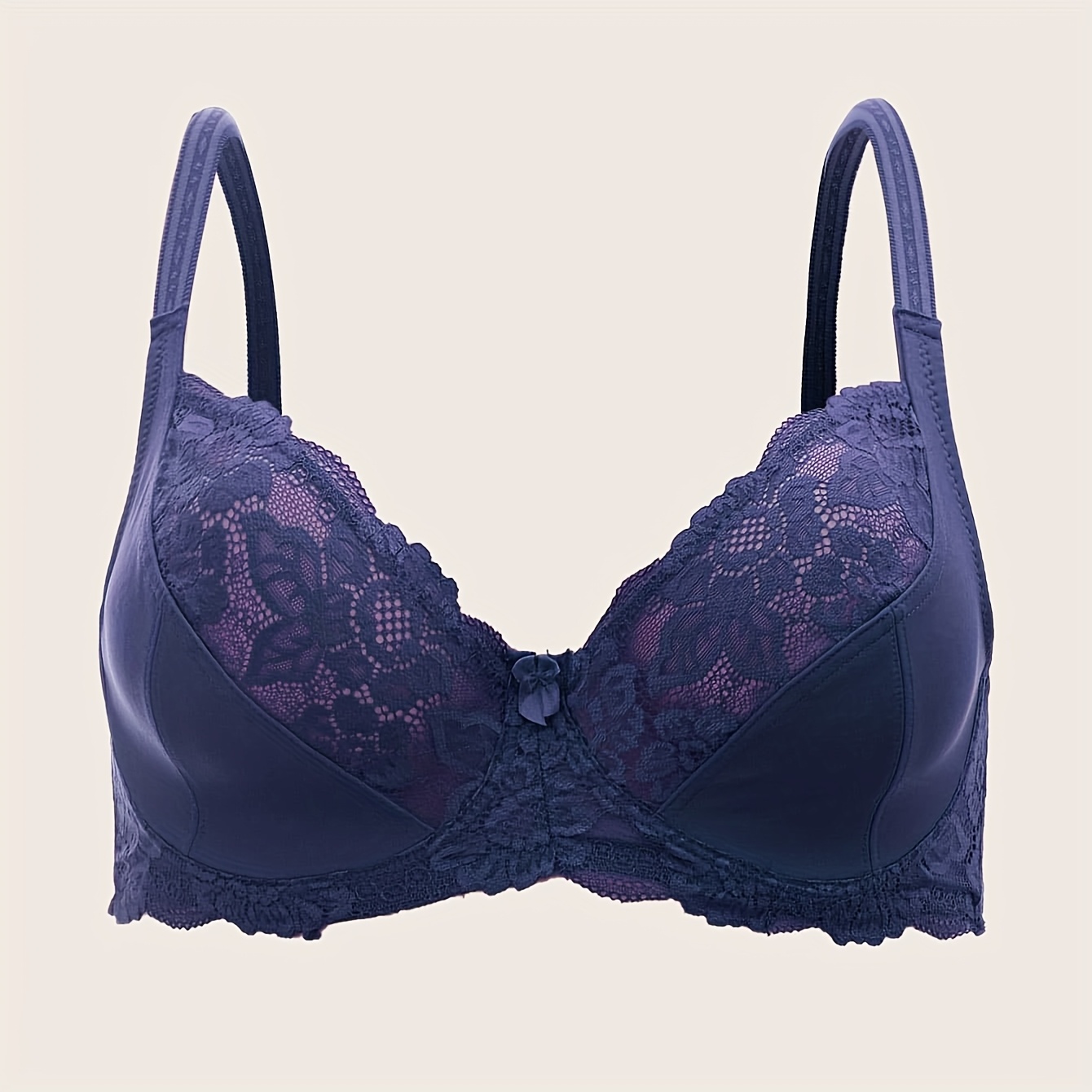 Elegant Plus Size Lace Bralette with Bow Detail, Polyamide Blend, Medium Stretch, Solid Color, Knit Fabric, Underwire Support, No Padding