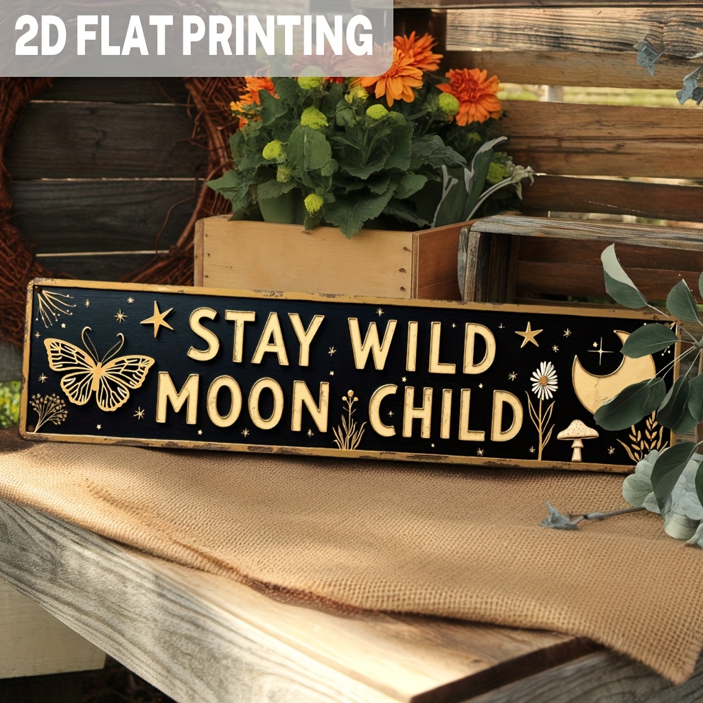 E-shop 2D Flach, 1 Stück Vintage Bohemian Metall Wandbehang - Mond & Sterne mit Kakteen & Schmetterlingen - Boho Farmhaus Dekor geeignet für