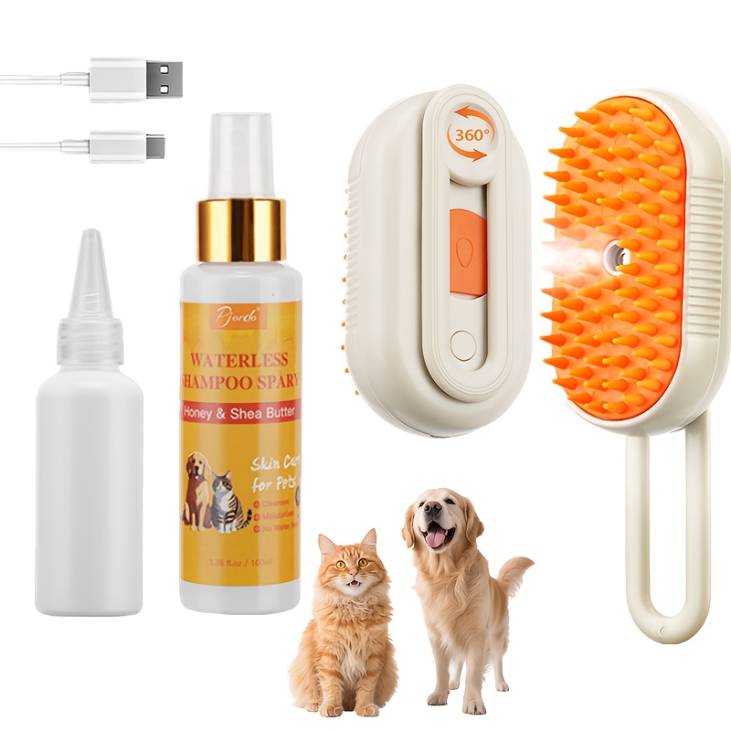 TEMU Pjodro Pet Hair Care Set, 100ml/3.38fl.oz Pet Hair Conditioner With Pet Steam Brush, Pet Waterless Shampoo Rich In Honey And Shea Butter,