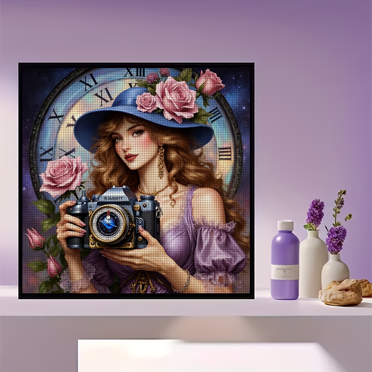 Cross-Stitch Printing Kit, Blue Hat Holding a Camera Design