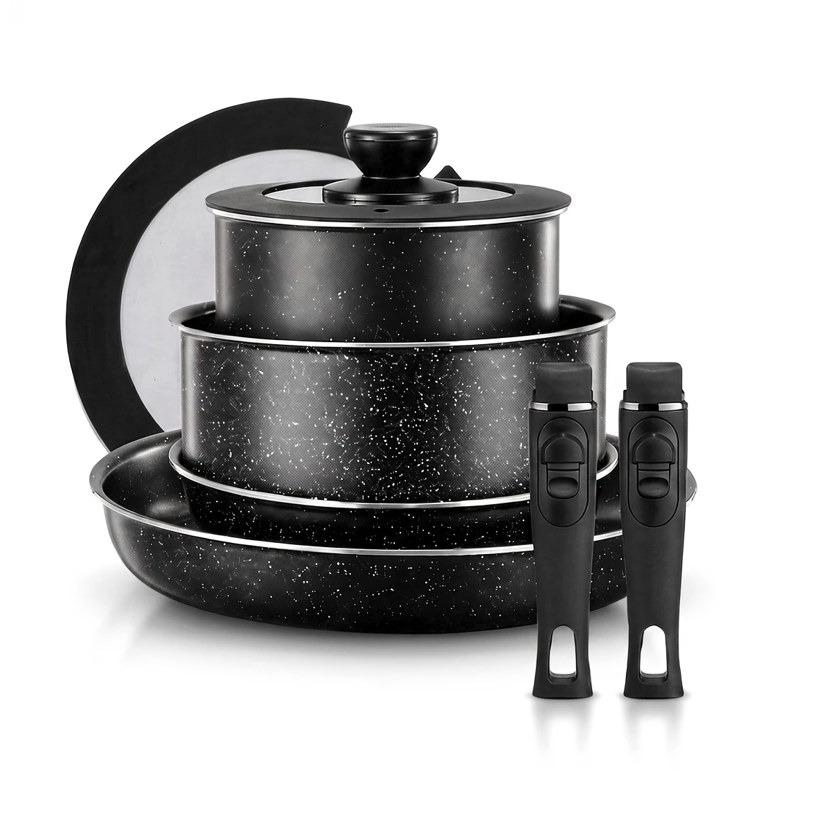 TEMU Ensemble de 8 pièces de batterie de cuisine antiadhésive avec 2 poignées amovibles et 2 couvercles, batterie de cuisine à induction, aluminium
