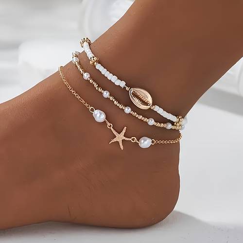 set of 3 beach anklets featuring bohemian style with pearl beads with and shell shaped pendants everyday wear vacations bikinis and beach