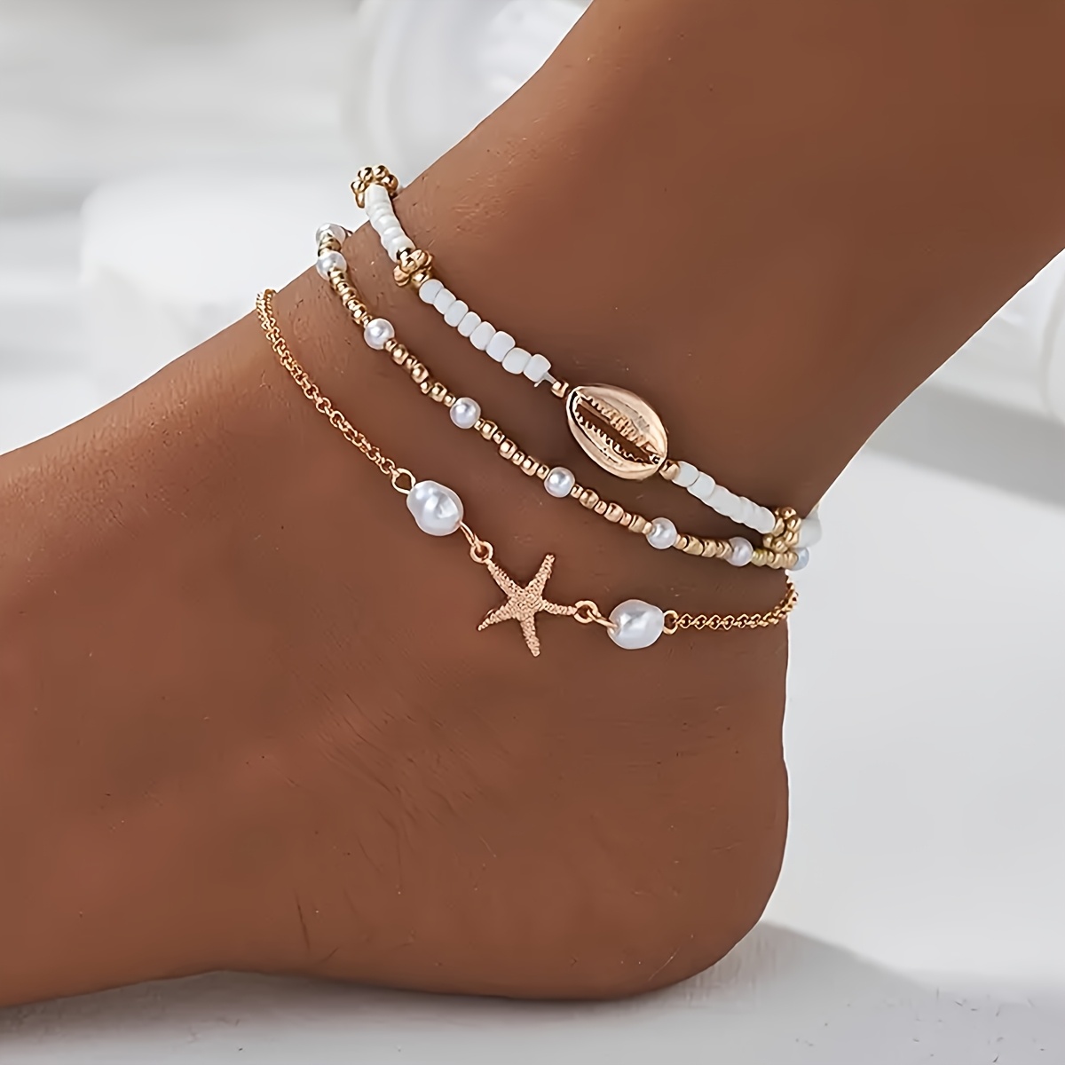 3pcs Bohemian Beaded Ankle Bracelets with Charms