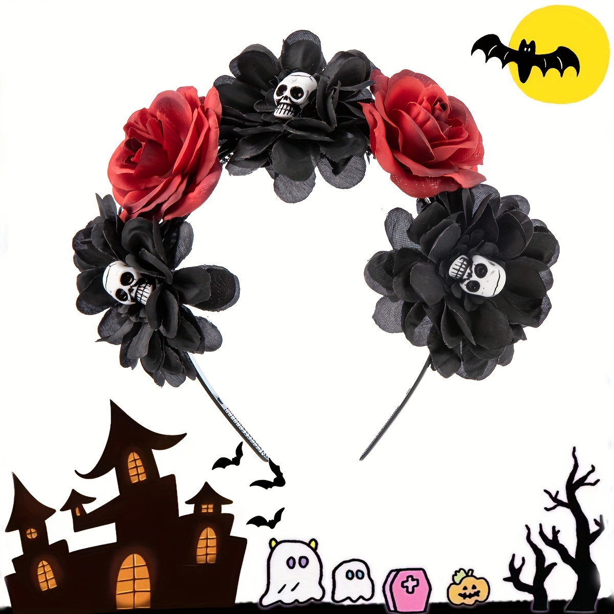 New Autumn And Winter Halloween Themed Headband Featuring Faux Fabric Dark Roses, Skulls, And Colorful Foam Flowers, Perfect For Dance Parties, Role-playing, And Costume Decorations For Women And