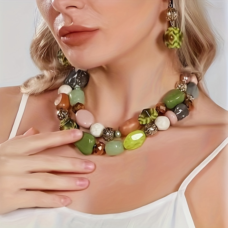 

Bohemian Luxury Style 2-layer Wooden Bead Multicolored Geometric Statement Necklace And Earring Set, Fashionable Statement Jewelry Set For Women