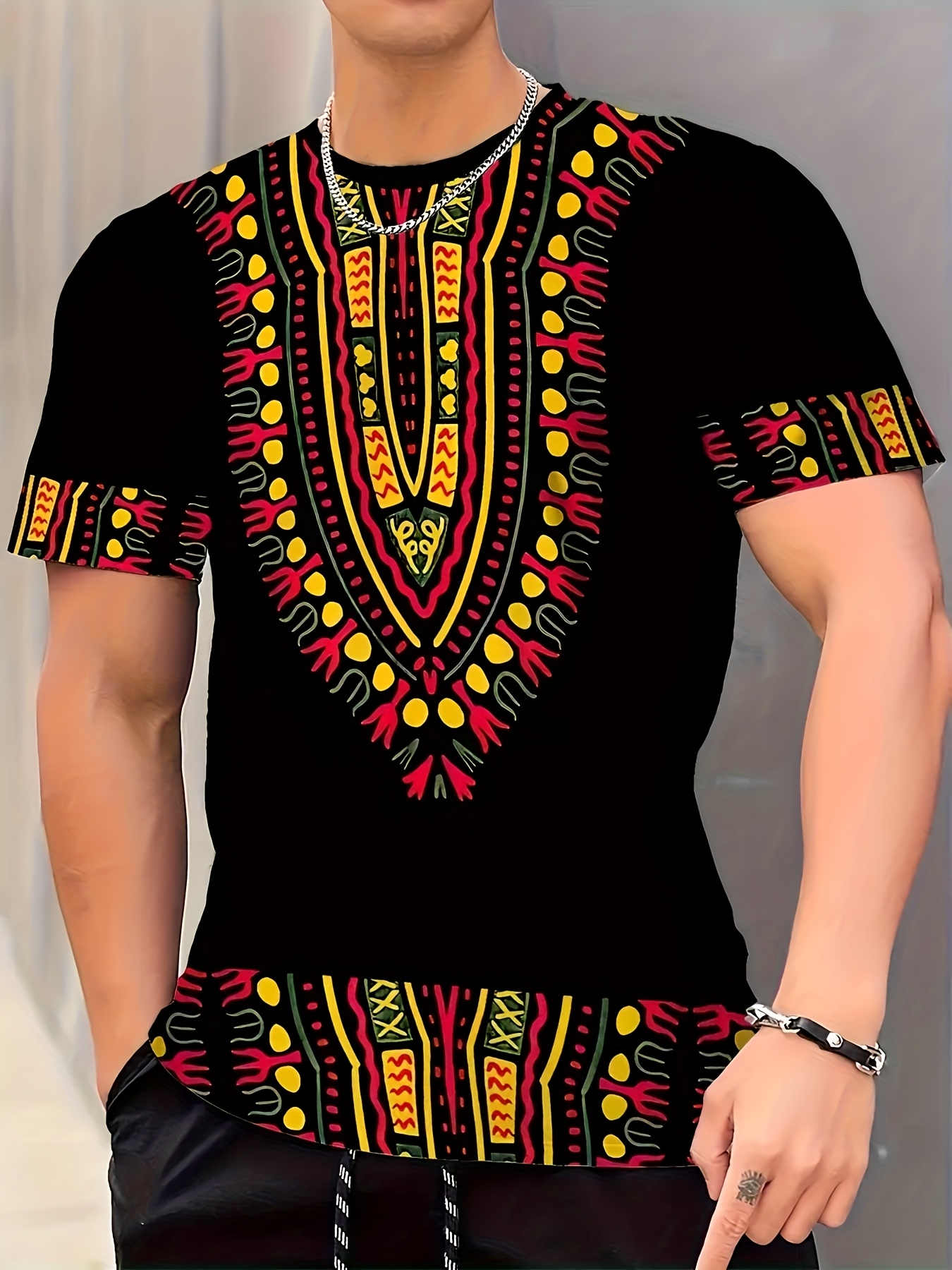 Camiseta tribal para hombre, con estampado 3* cuello y cortas  regular, 100% poliéster estira