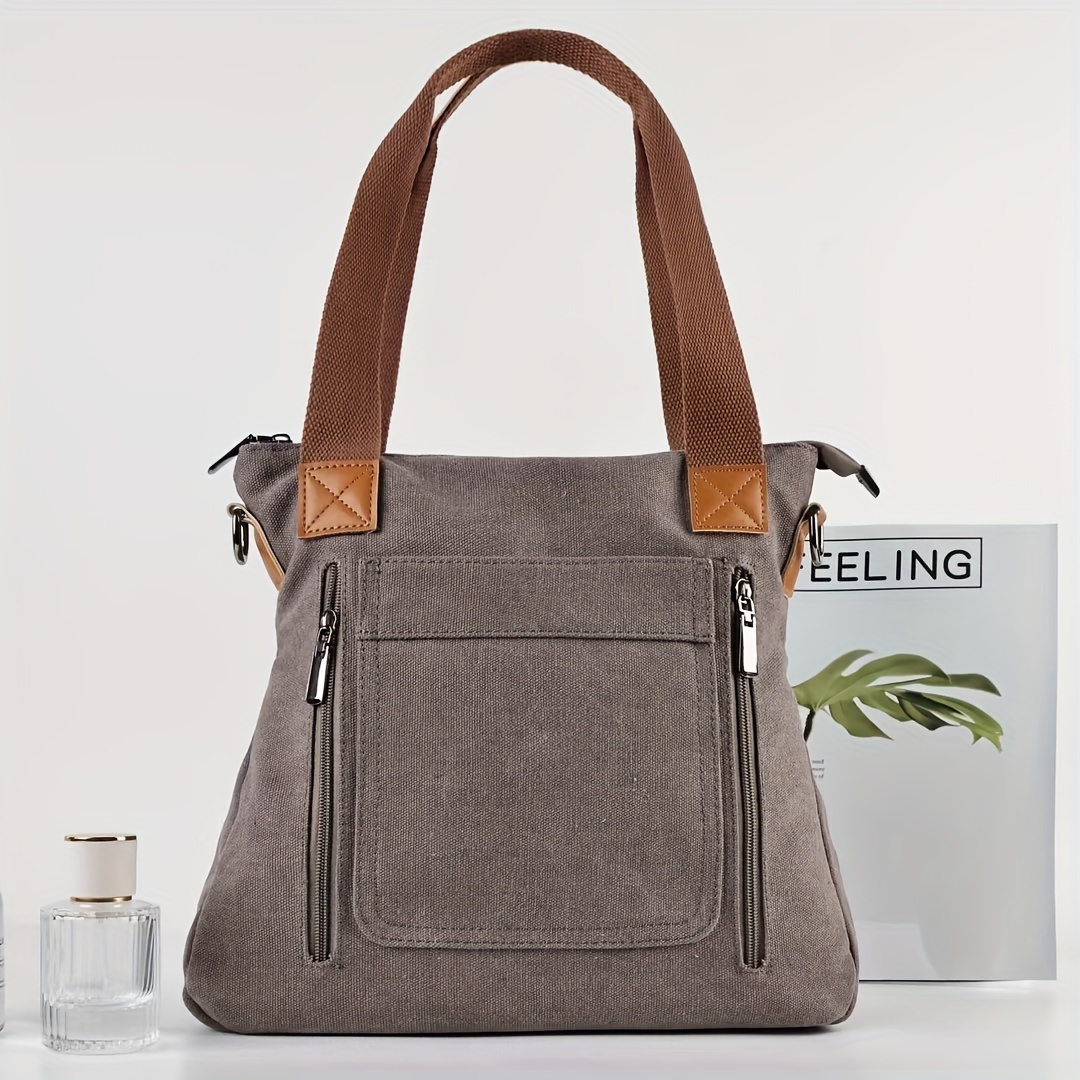 

Solid Color Canvas Tote Bag, Large Capacity Crossbody Bag, Portable Travel Shoulder Bag