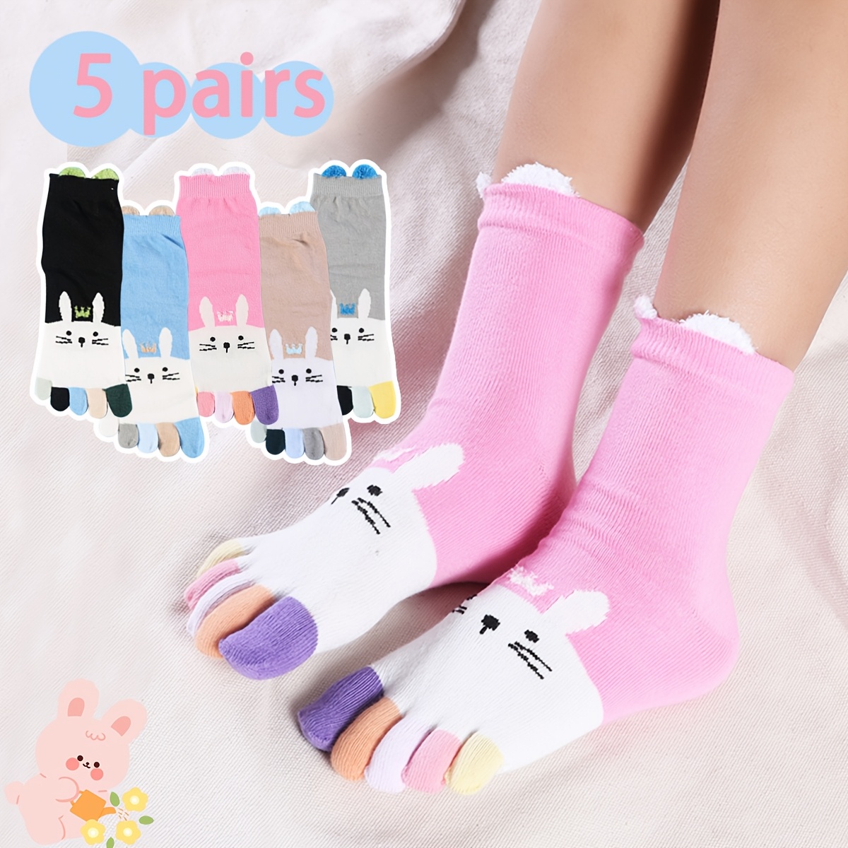 Image of 5 Pairs Of Five-toe Socks For , Mid-calf Length, Featuring Cartoon Rabbits, Designed For Boys And Girls, Comfortable And Breathable