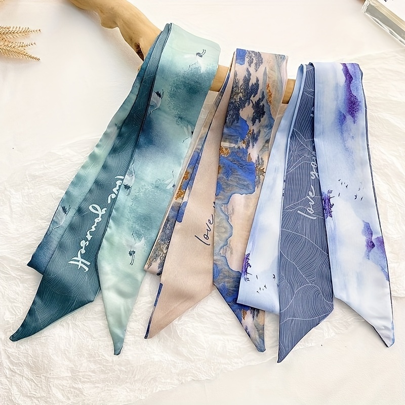 

3pcs Chinese Style Mountain And Water Patterned Skinny Scarves, Thin Narrow Hairbands , Used For Decorating Hats, Bags