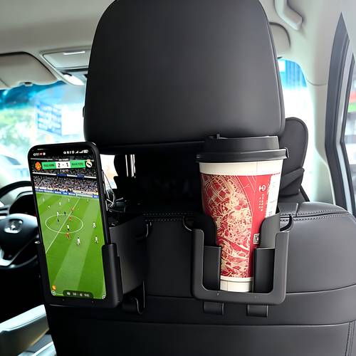 2pcs set multi purpose car seat back organizer with multi function cup holder multi function hook cup holder phone holder and hooks fits most car models and most phones can store water bottles drink pouches trash bags and glasses
