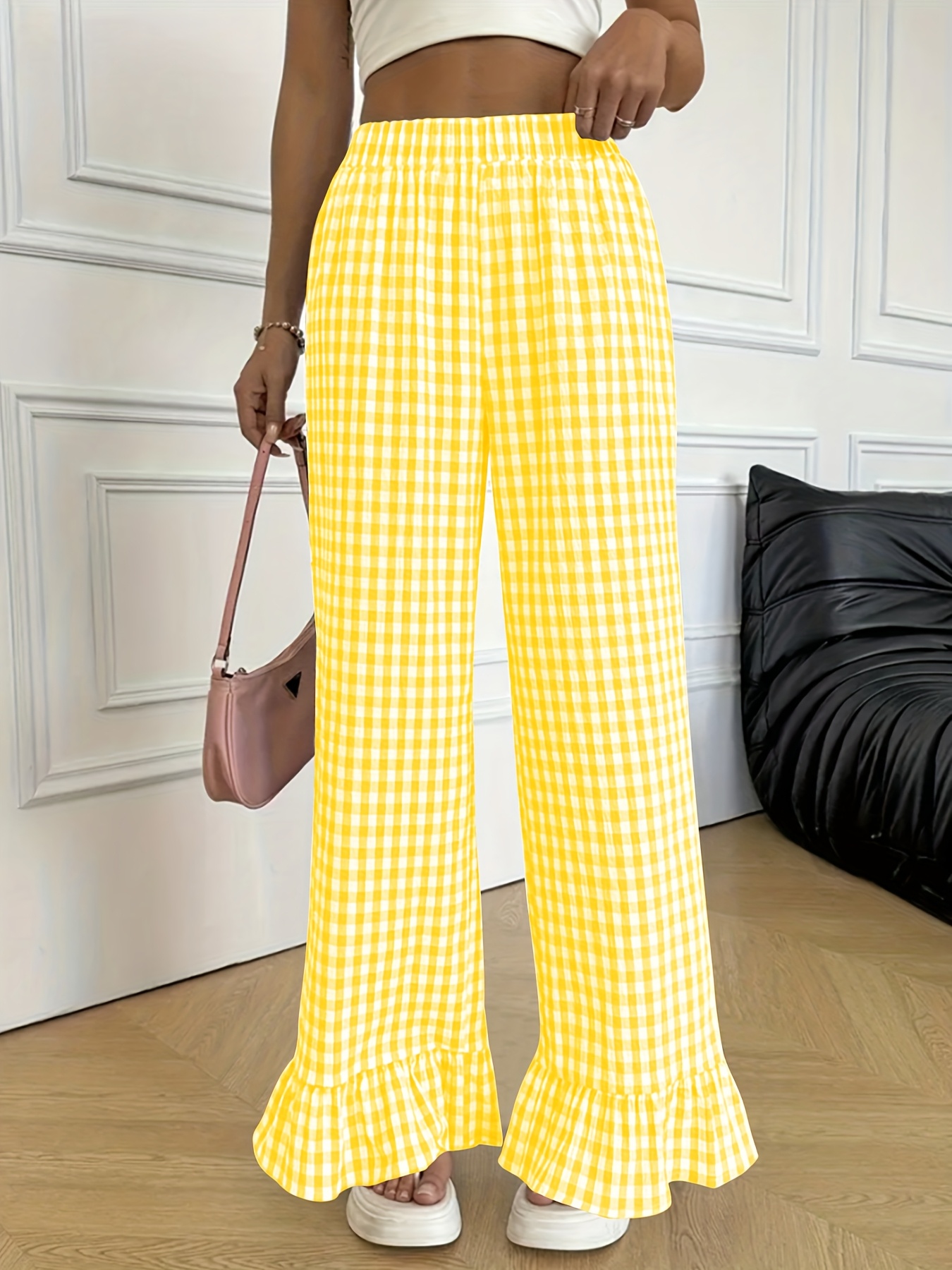 Women'S Casual Yellow Gingham Wide-Leg Flare Pants Relaxed Fit with  Hem Adult Fashion, Casual Wear|Flared L