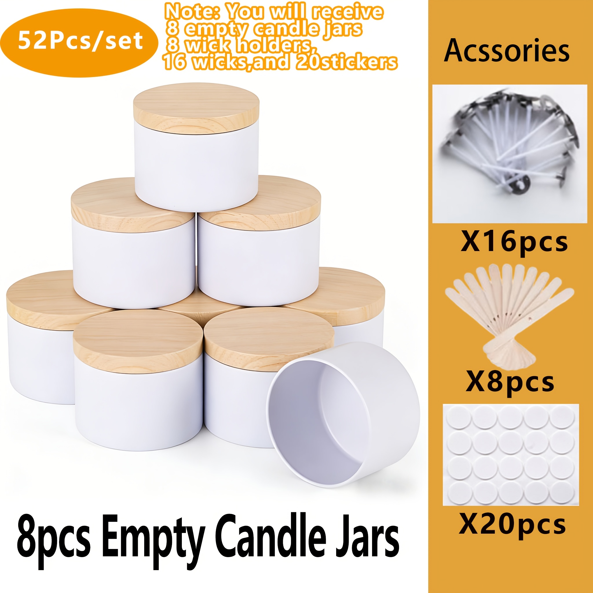 TEMU Kit de manualidades de 52 piezas para tarros de velas blancas, 8 tarros de vela vacíos, 8 bases para velas, 16 y 20 pegatinas. Tapas de 4 oz con