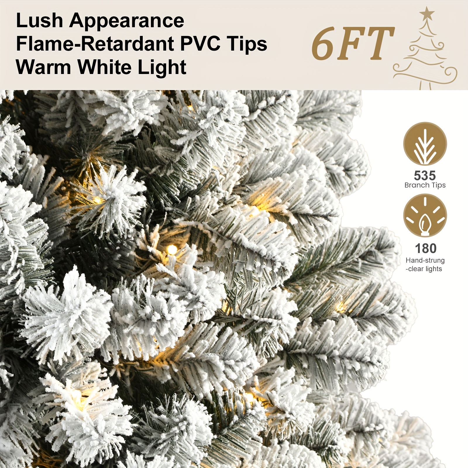 TEMU 4/5/6ft Snow Flocked Slim Pencil Christmas Tree - Warm White Pre-installed Lights, Branches, Non-shedding Flocking, Stable Metal Stand, Easy