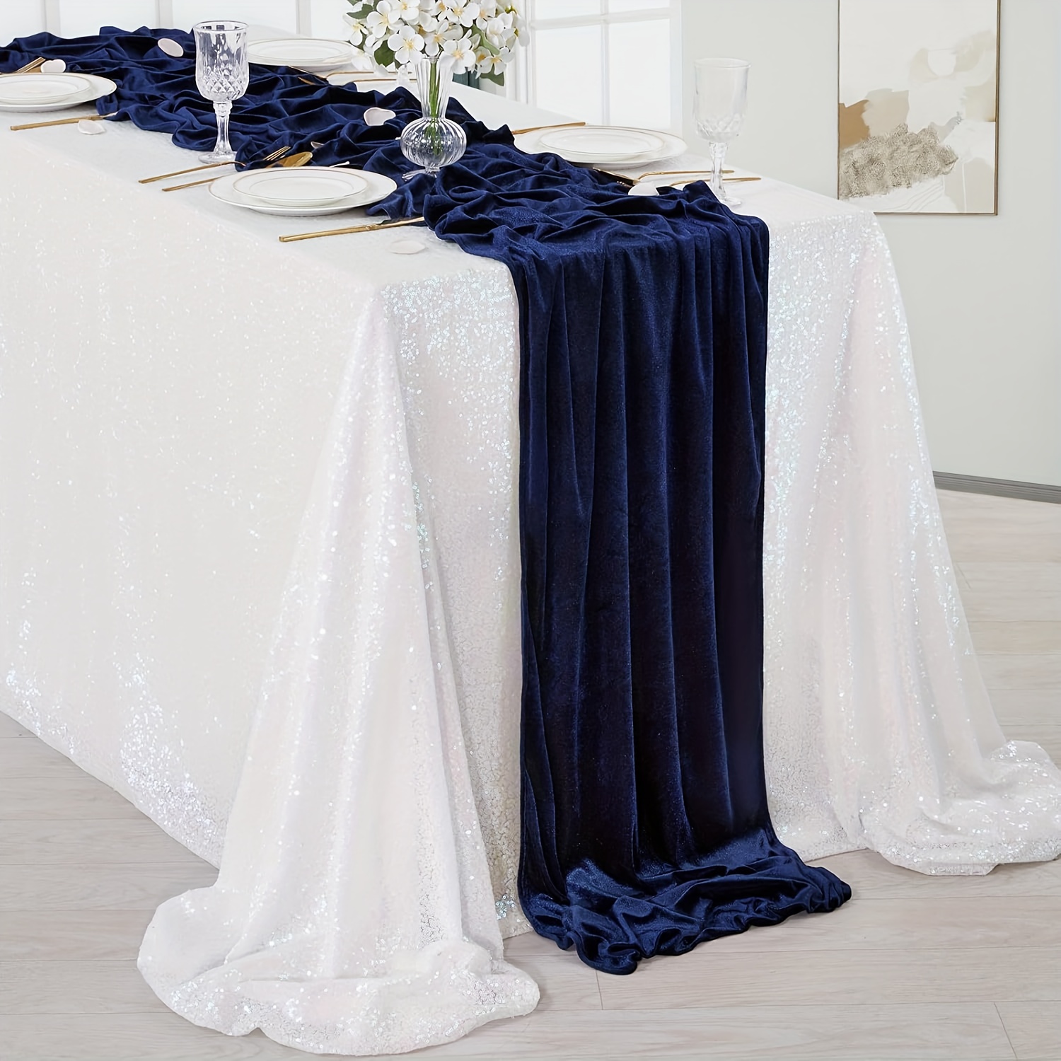 TEMU Navy Blue Velvet Table Runner: 1pc, 20x120 Inches, Soft Velvet For Wedding, Party, And Holiday Table Decor